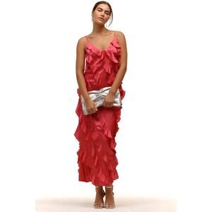 NWT By Anthropologie Bias-Cut Ruffled Midi Dress $198 X-LARGE Pink V-neck